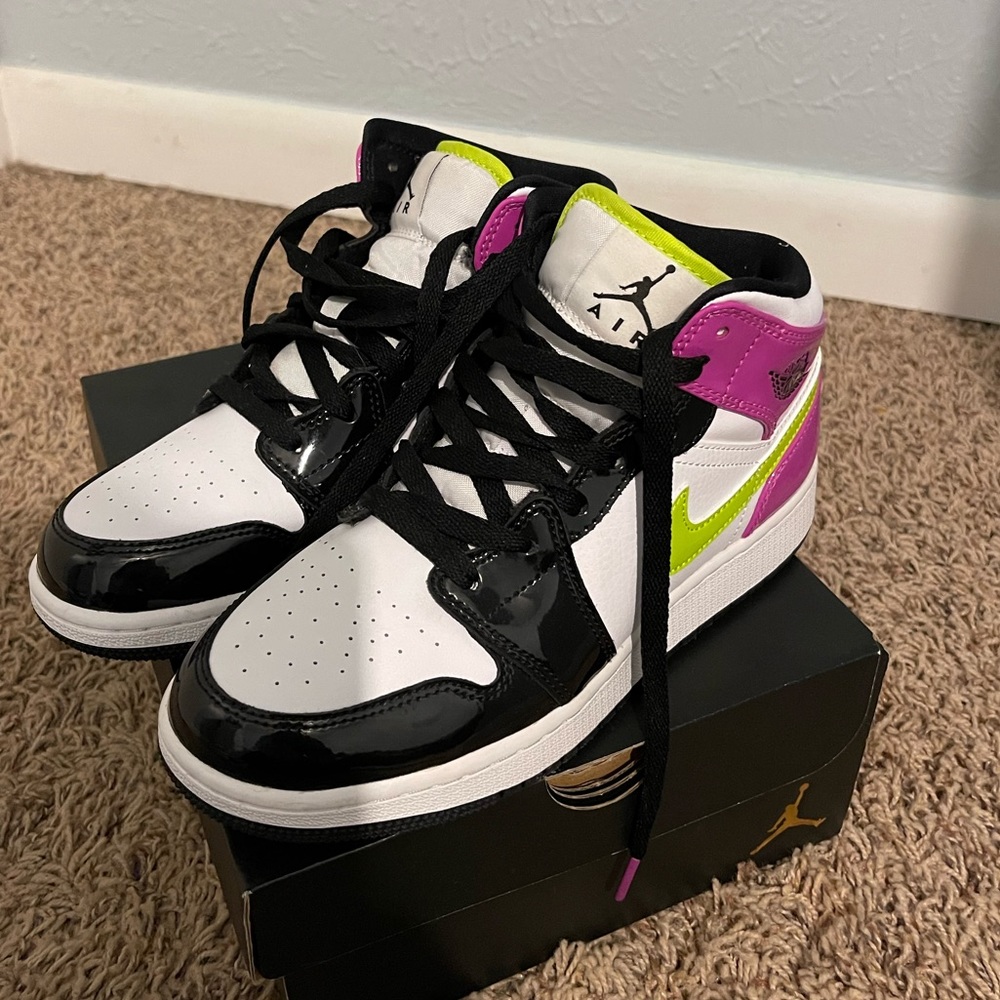 Jordan Mid-Top Sneakers in White, Black, Pink & Lime